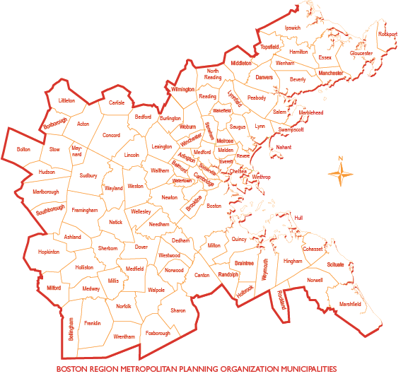 This is a map of the cities and towns in the Boston Region. There are 97 cities and towns within the Boston Region Metropolitan Planning Organization’s planning area.